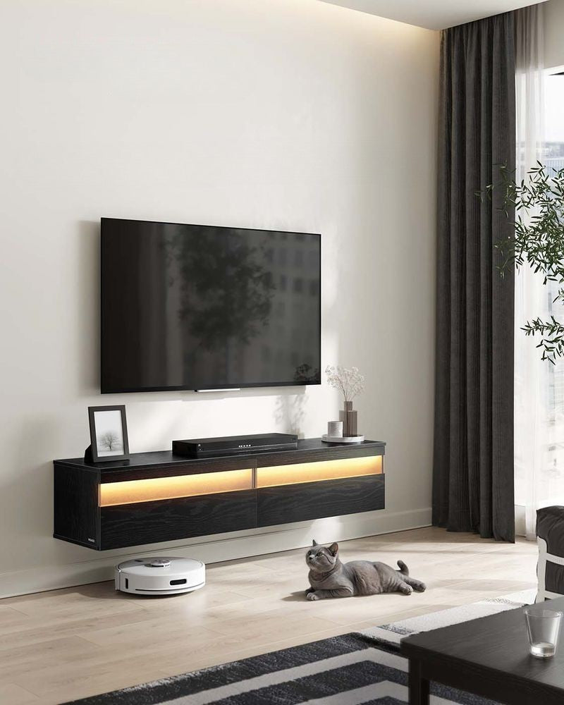 Nancy's Grottaglie TV Meubel - TV Kast - Zwevend - Met Verlichting - Zwart - ± 145 x 35 x 30 cm