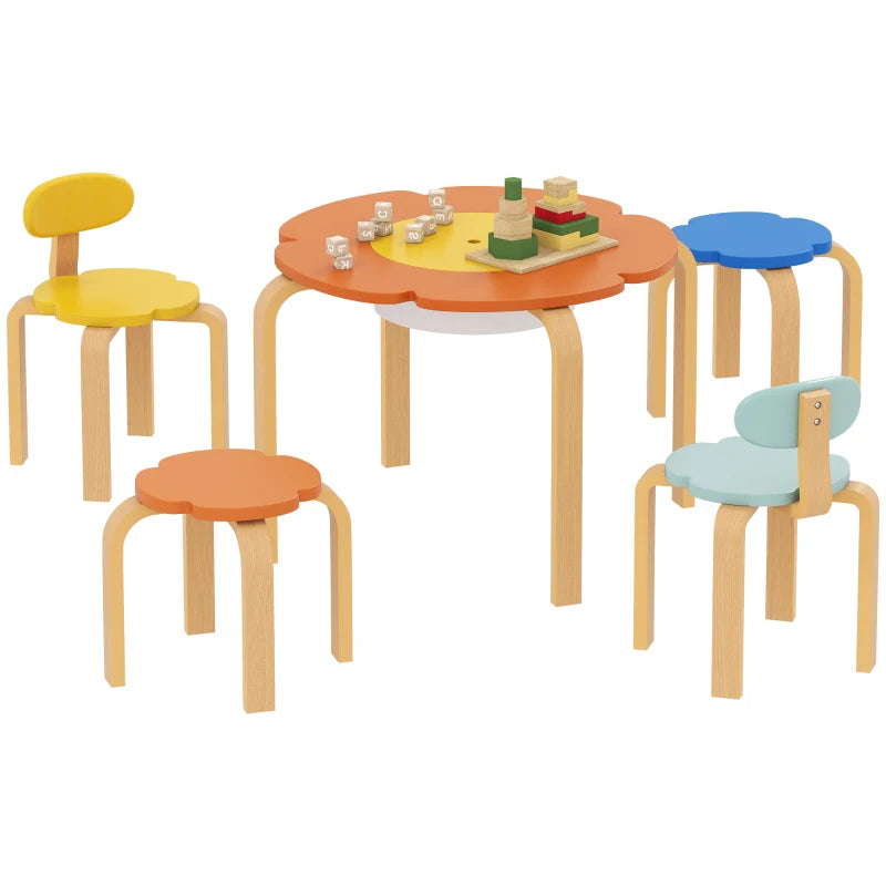 Nancy's Orta Kindertafel met Stoelen - Set van 5 - Kindermeubels - Bloemen - Meerkleurig