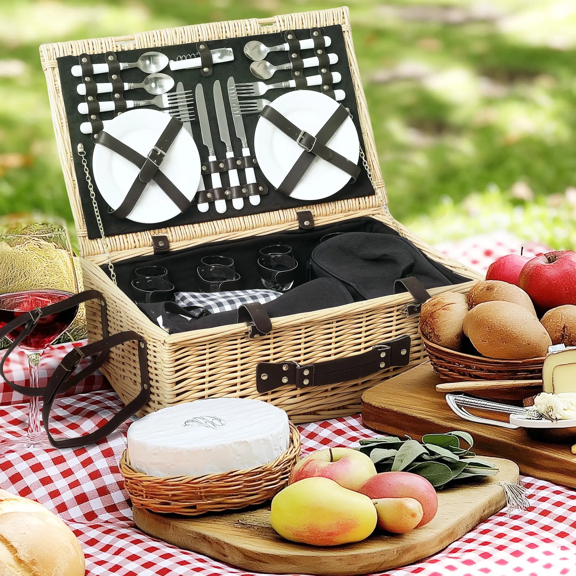 Nancy's Gargagno Picknickset - Picknickmand met Accessoires - Geïsoleerd koelvak - Riet