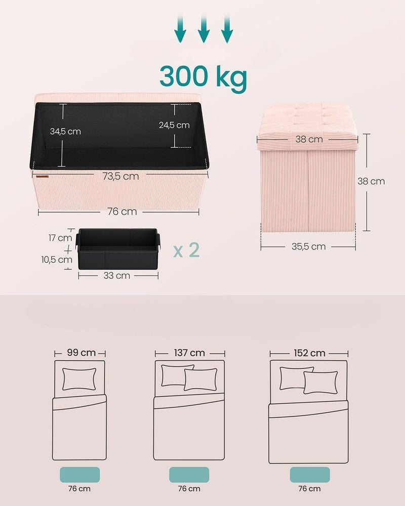 Nancy's Merate Opbergbank - Bankje met opbergruimte - Roze - Corduroy - ± 75 x 40 x 40 cm