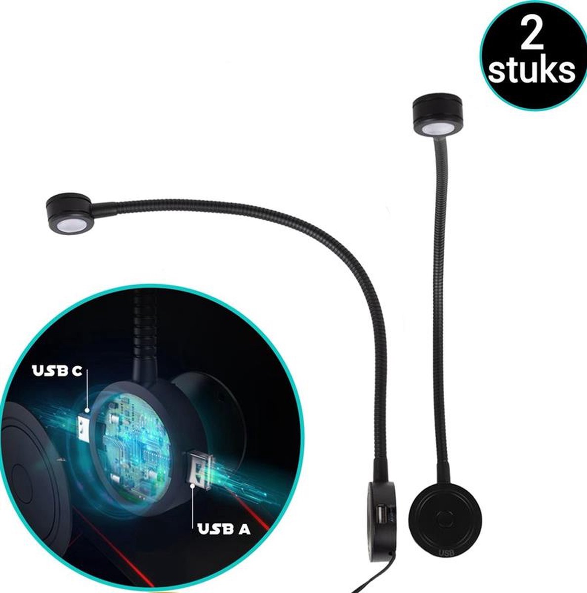Bolt Electronics® Lampe de chevet avec port USB et USB-C 2 pièces Noir
