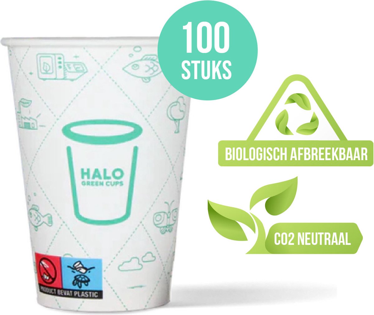 HALO Green Cups Biologisch afbreekbaar koffiebekers PLA/FSC - 180ml/7.5Z - 100 Stuks