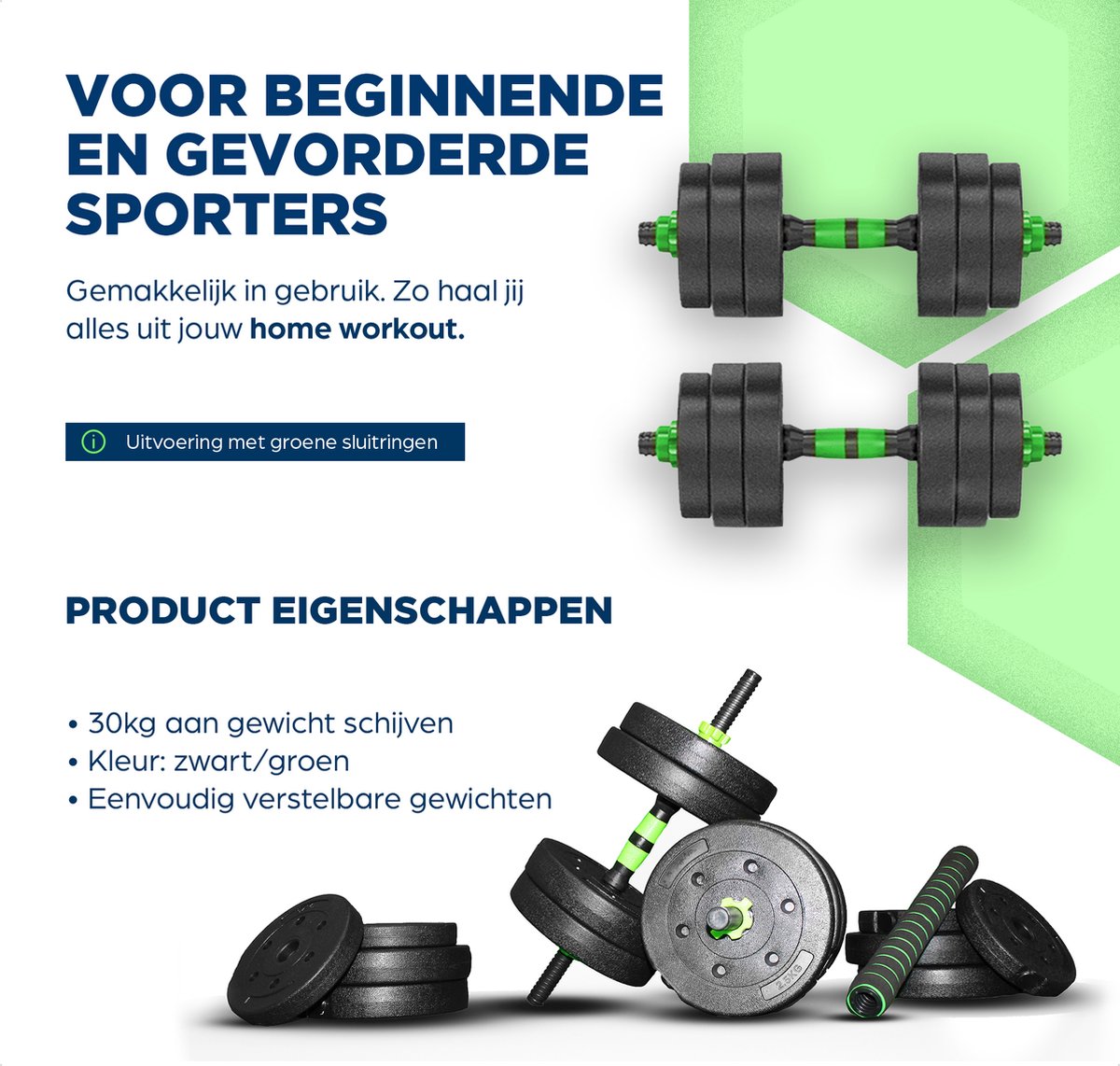 SOUTHWALL Dumbbells set verstelbaar met halterstang tot 30kg Groen