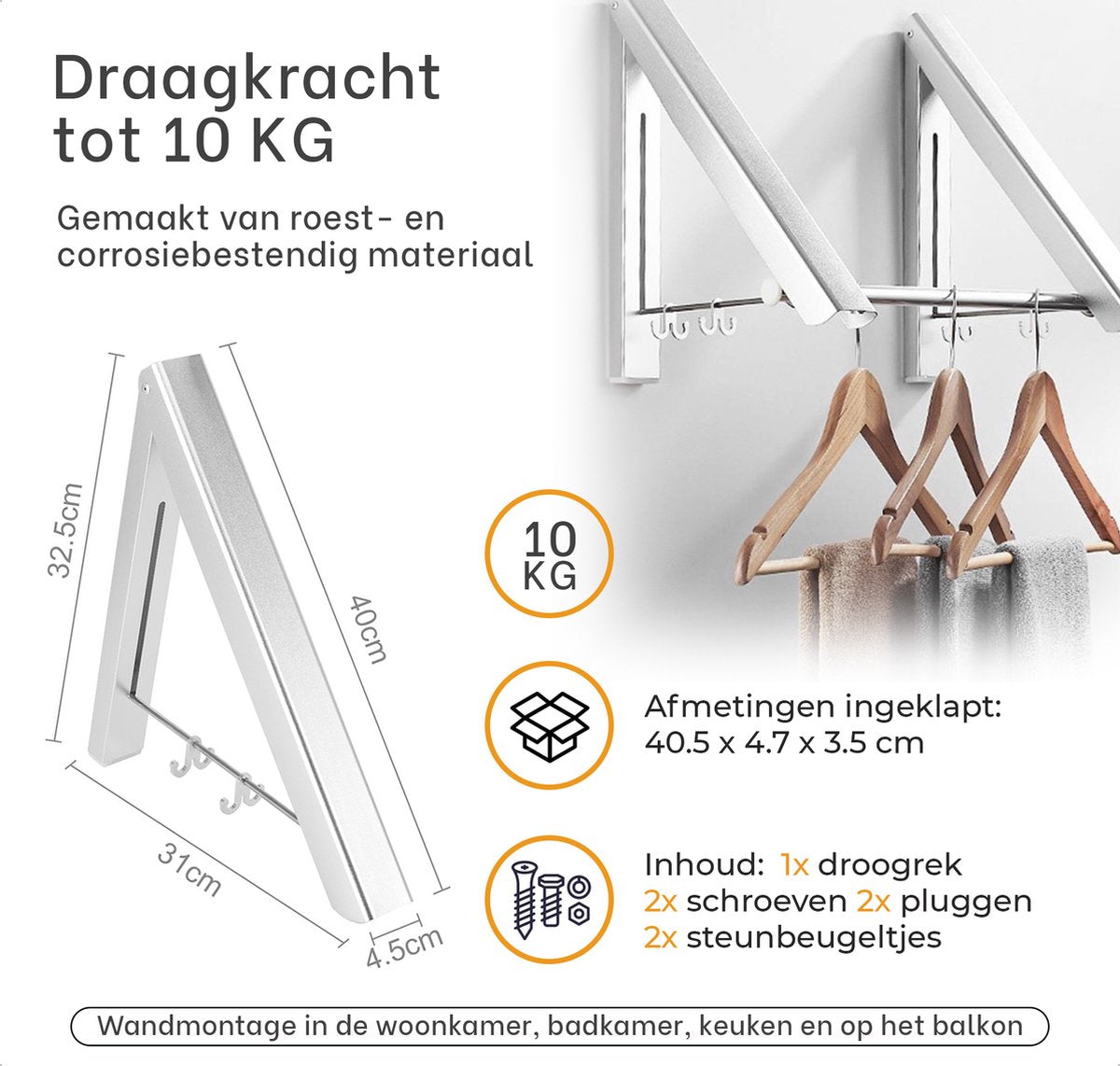 Milano Luxurious inklapbaar droogrek kledingrek wandmontage ZIlver