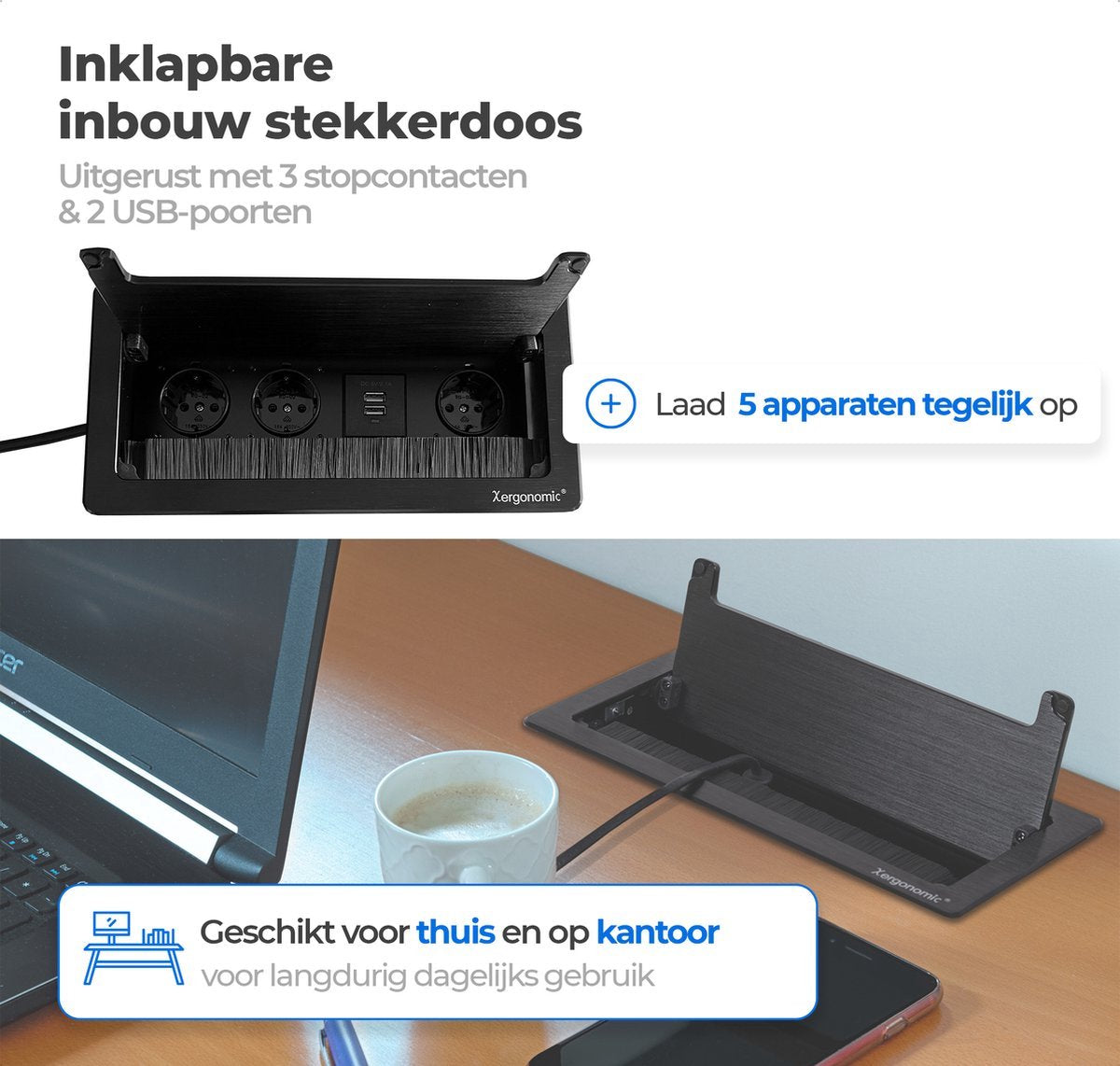 Xergonomic Bureaustopcontact met 3 stopcontacten en 2 USB-poorten Zwart