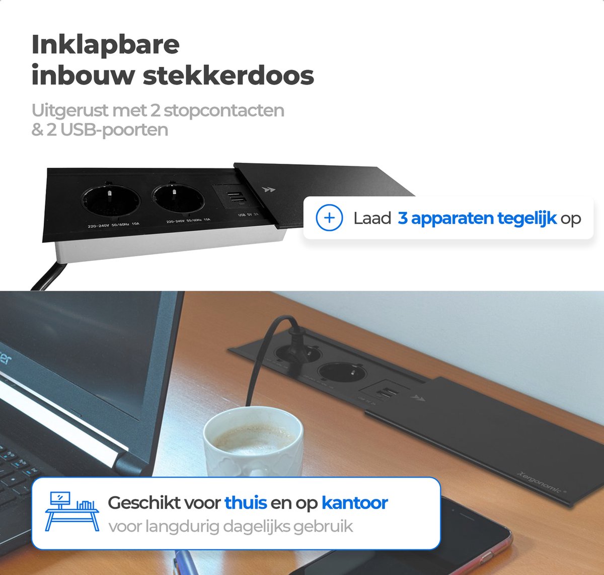 Xergonomic Bureaustopcontact schuifklep met 2 stopcontacten en 2 USB-poorten Zwart