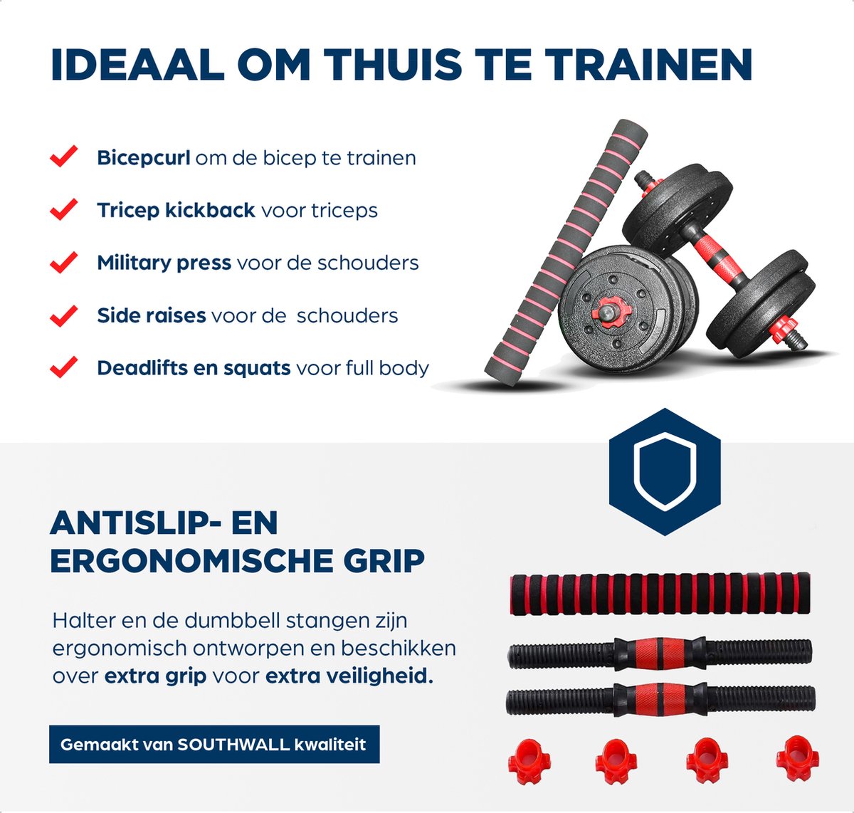 SOUTHWALL Verstelbare Dumbbell Set tot 40kg – Halterset – 2-in-1 Gewichten – Home Gym - Krachttraining – Rood