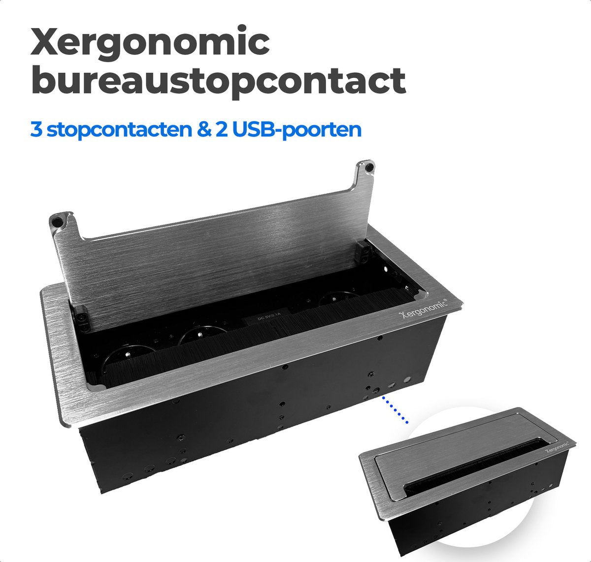 Xergonomic Bureaustopcontact met 3 stopcontacten en 2 USB-poorten Zilver