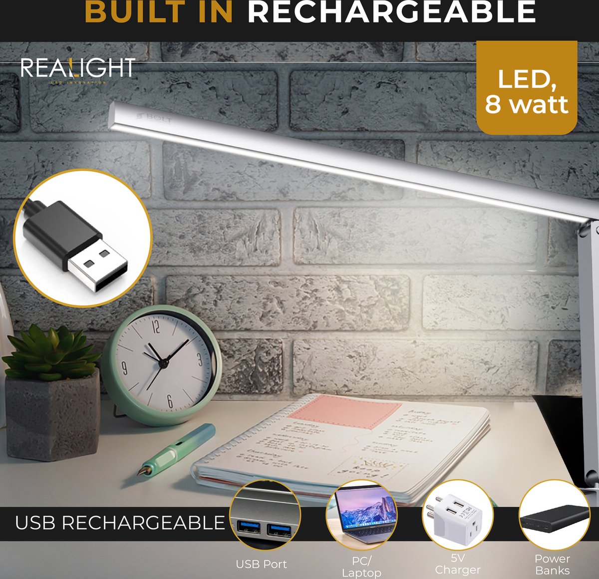 Realight LED bureaulamp USB oplaadbaar met 3 lichtkleuren Zilver