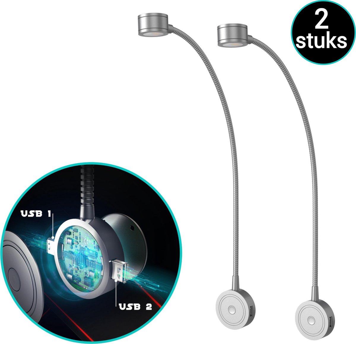 Bolt Electronics® Bedlamp met twee USB poorten 2 stuks Zilver