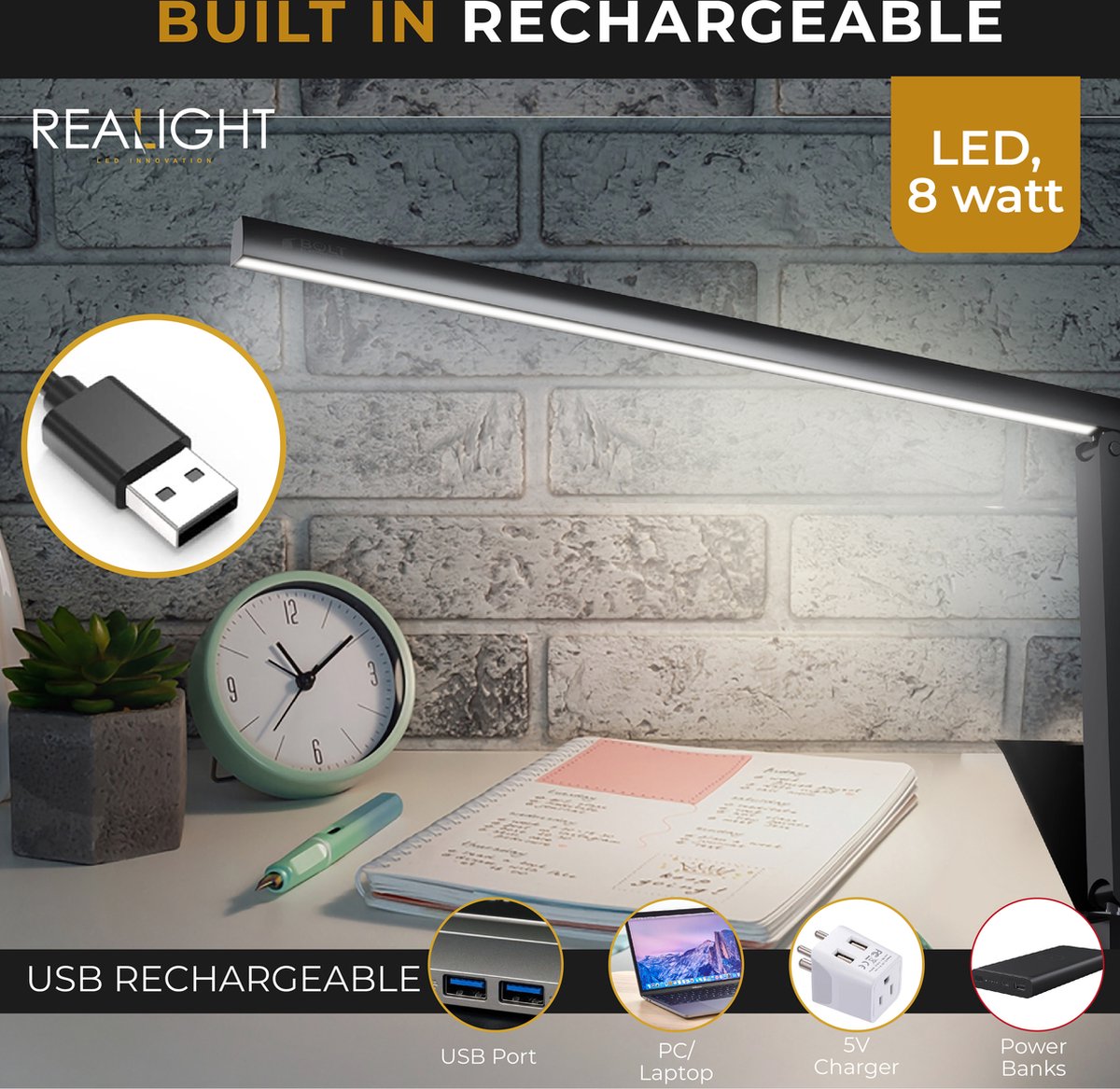 Realight LED bureaulamp USB oplaadbaar met 3 lichtkleuren Zwart