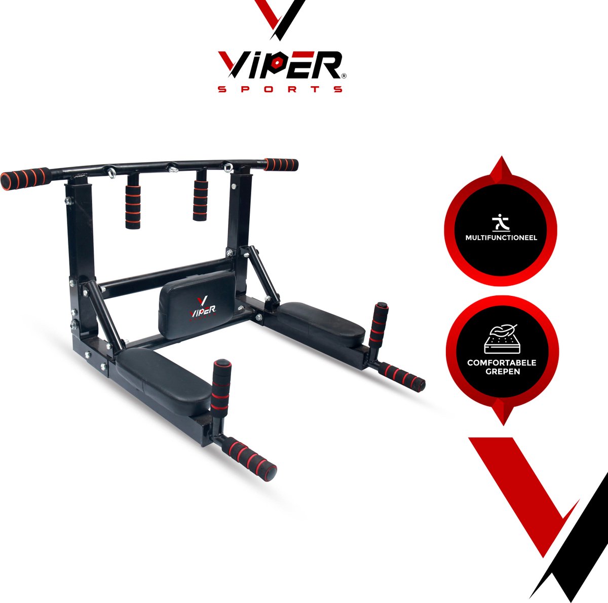 Viper Sports PullPower – Pull Up Bar – Optrekstang – Rug- & Armkussen – Anti-slip – Tot 120 kg - Metaal – Zwart/Rood