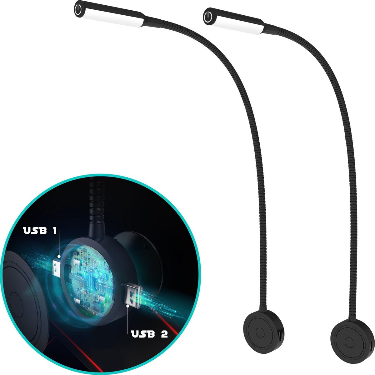 Bolt Electronics® Dimmable LED reading lamp with two USB ports 2 pieces Black