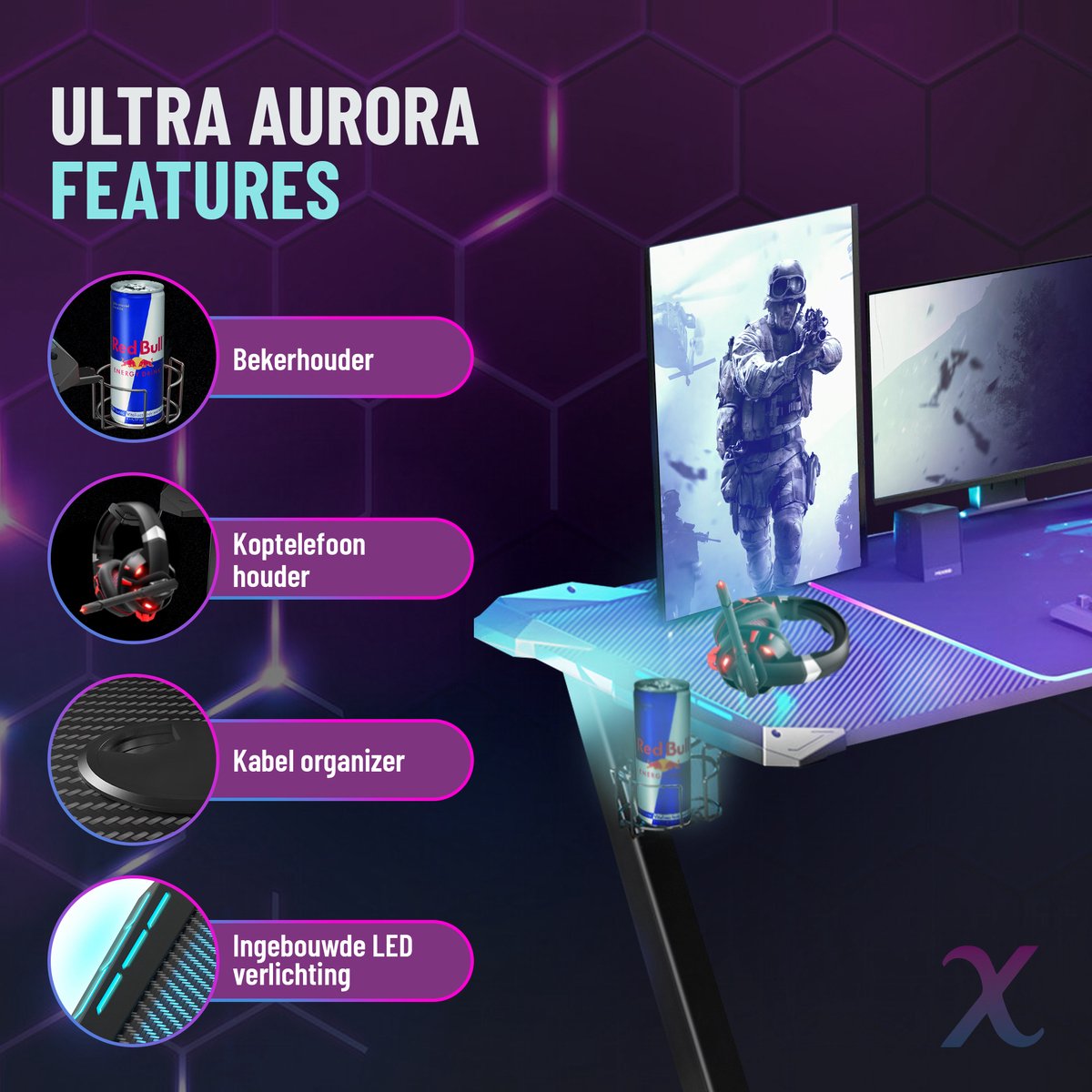 Xergonomic Aurora LED Gaming Bureau B125xH75xL62 cm - Zwart