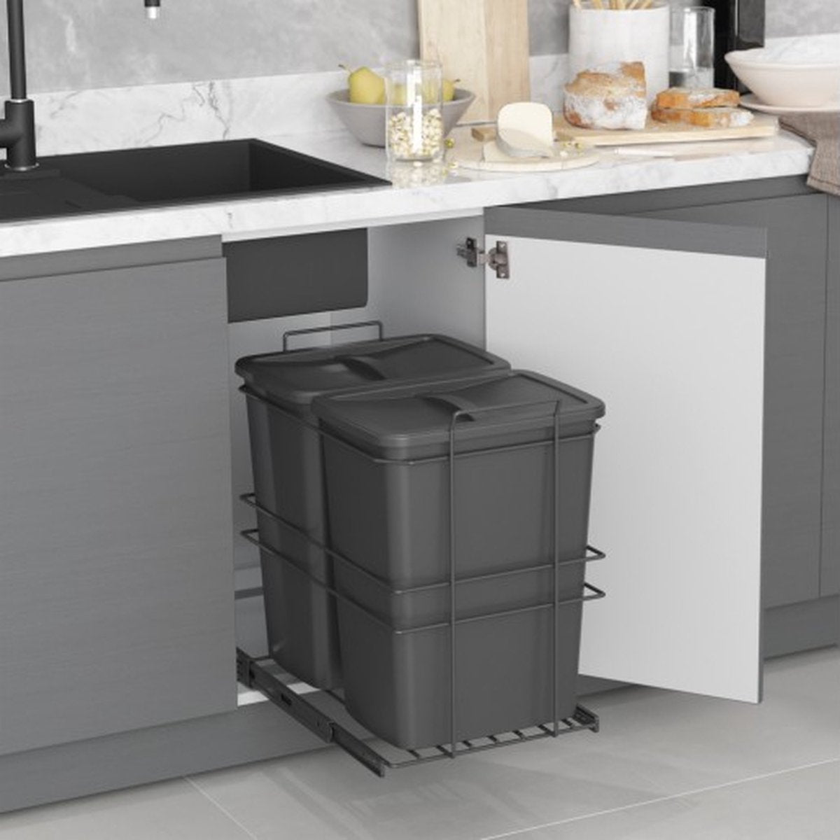 Inbouw prullenbak 2x35 Liter - Inbouw afvalemmer - Inbouw afvalbak - Inbouw vuilnisbak - Prullenbakken afval scheiden - 2x35 Liter bodembevestiging en handmatig uittrekbaar