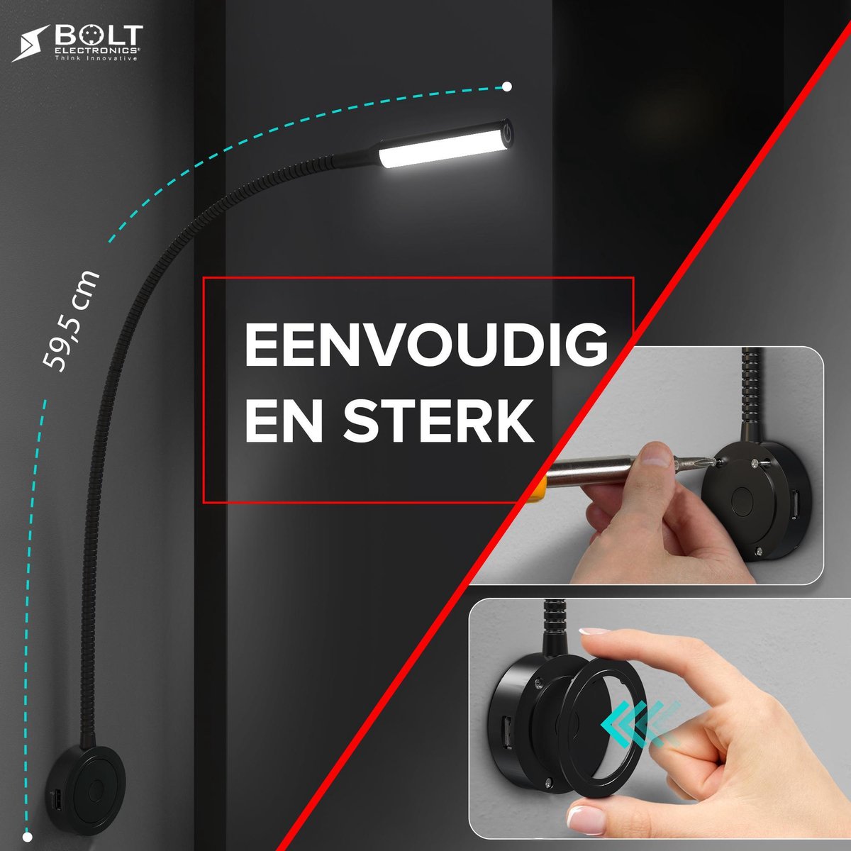 Bolt Electronics® Dimbaar LED leeslamp met twee USB poorten 1 stuk Zwart