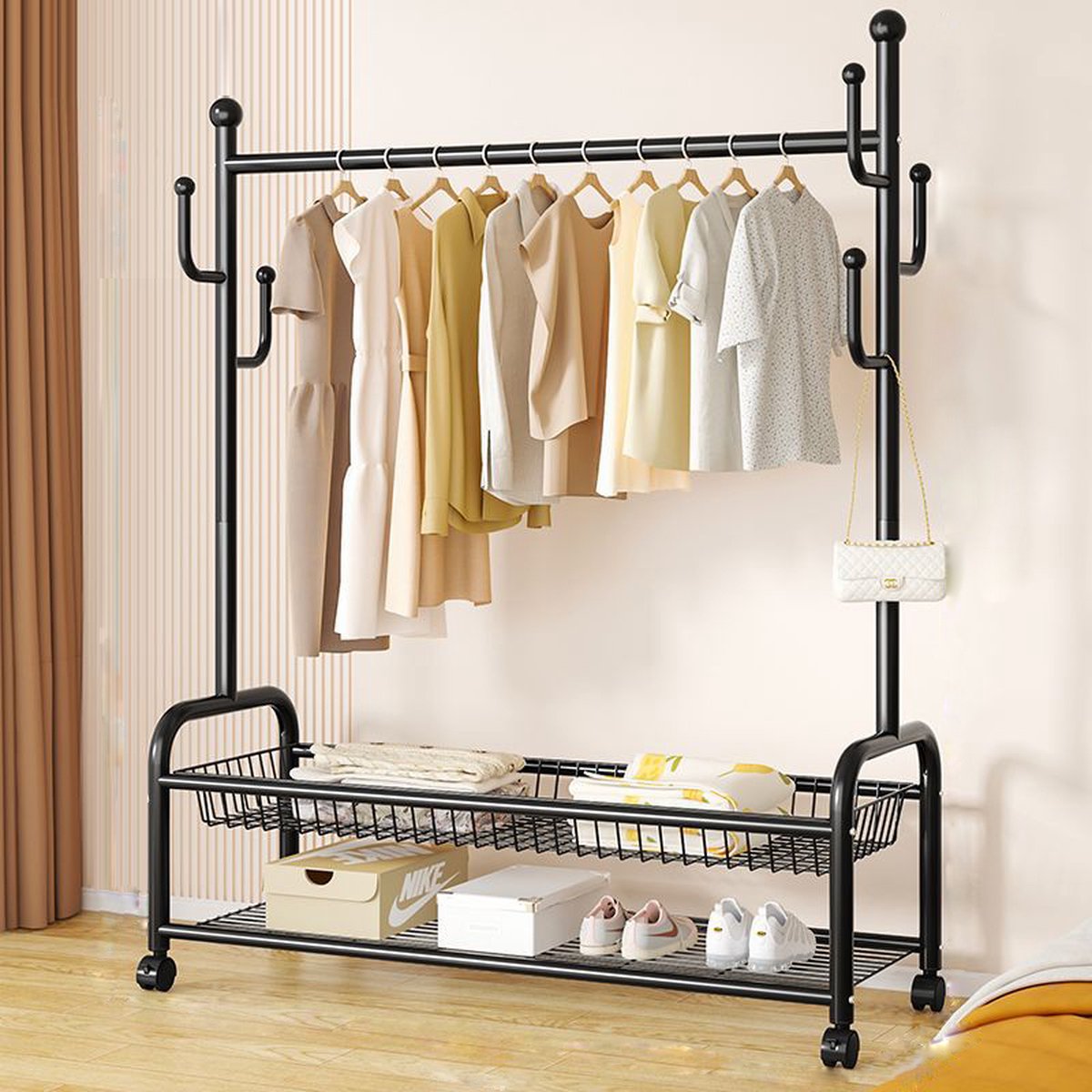 Eleganca Kledingrek - Kledingstang - Garderoberek - Met 6 Ophanghaken - Zwart - Staal - 120 x 35 x 172 cm
