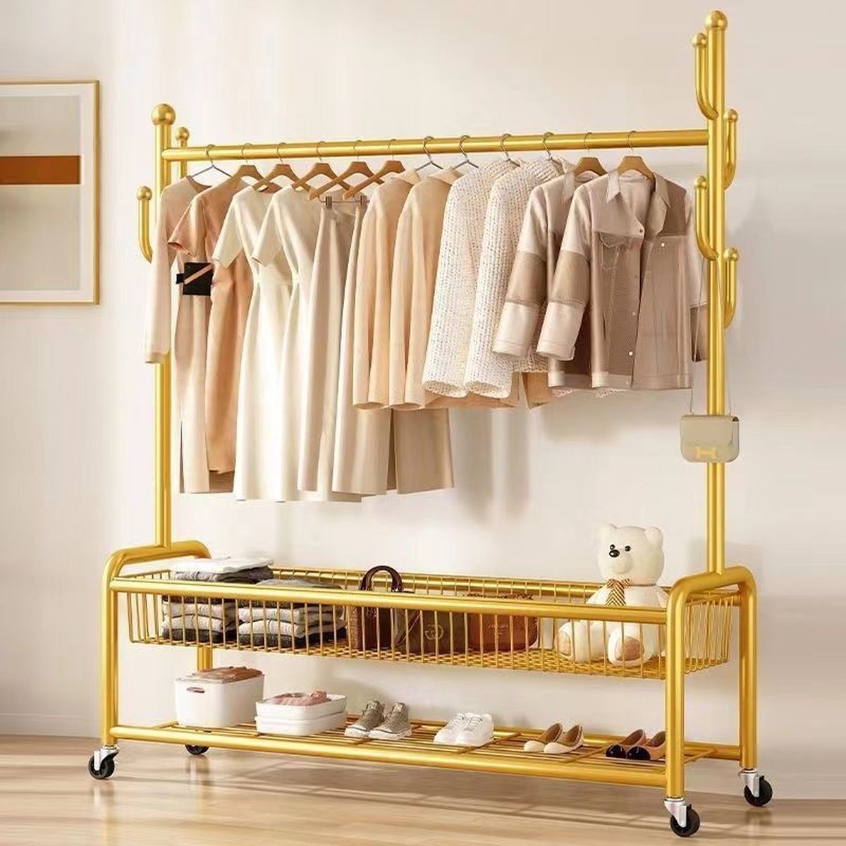Eleganca Kledingrek - Garderoberek - Kledingstang - Met 6 Ophanghaken - Goud - Staal - 120 x 35 x 172 cm
