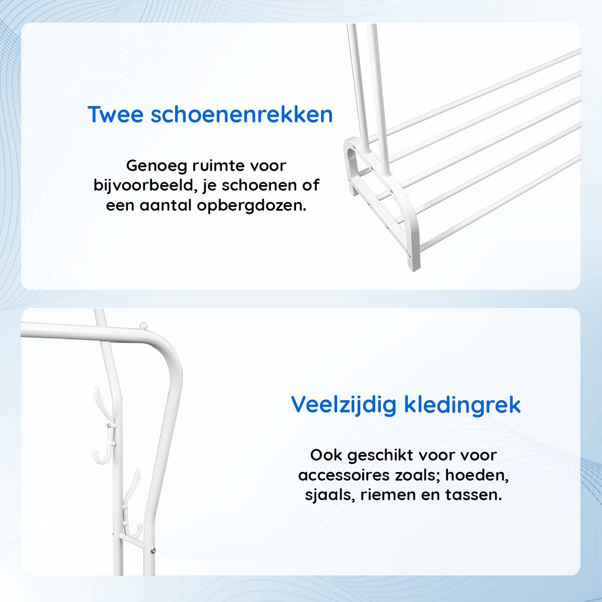 Eleganca Kledingrek - 2 stangen en schoenenplanken - Wit- Staal