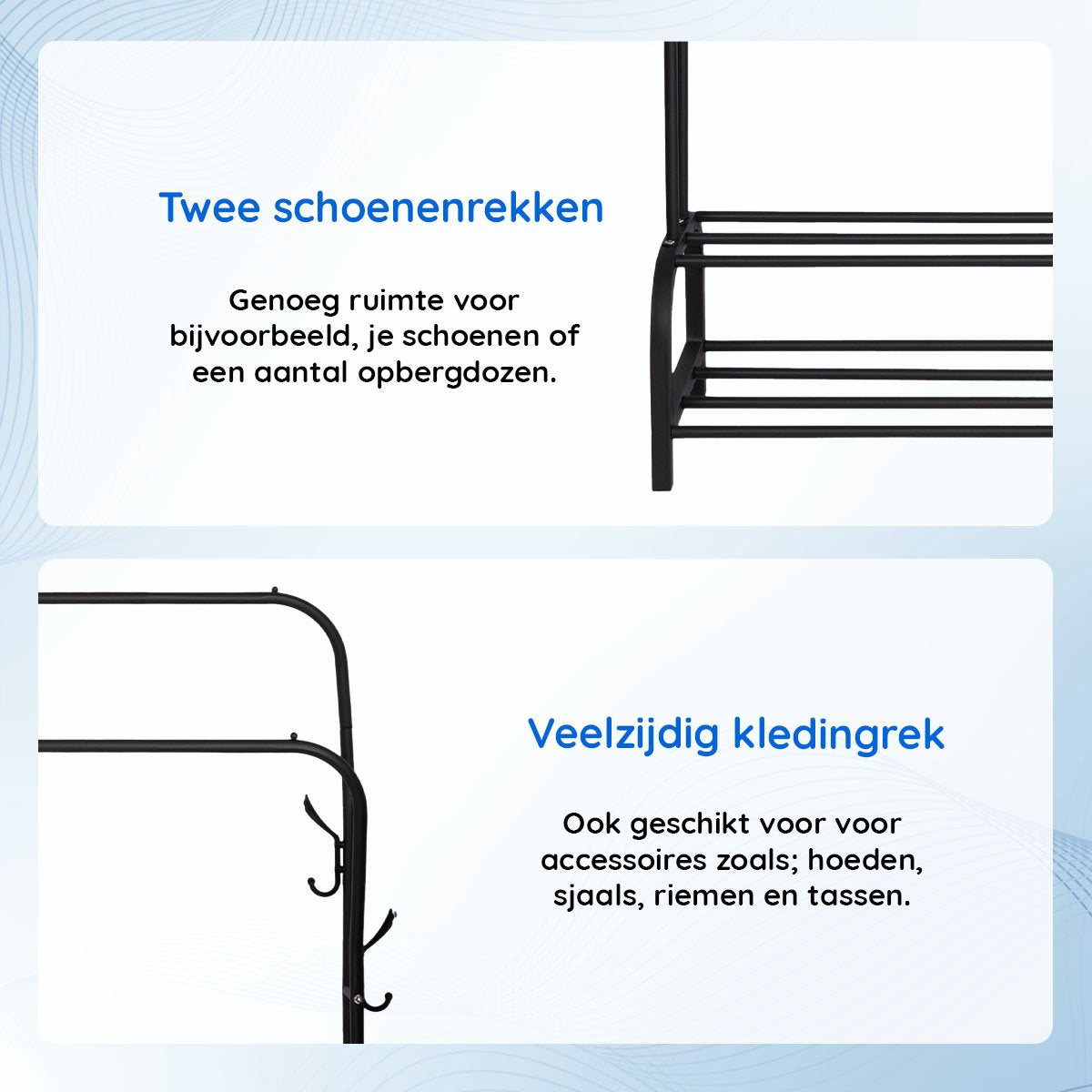 Eleganca Kledingrek - 2 stangen en schoenenplanken - Zwart - Staal