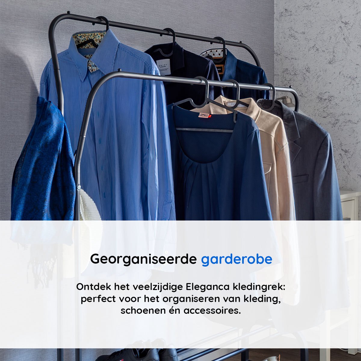Eleganca Kledingrek - 2 stangen en schoenenplanken - Zwart - Staal