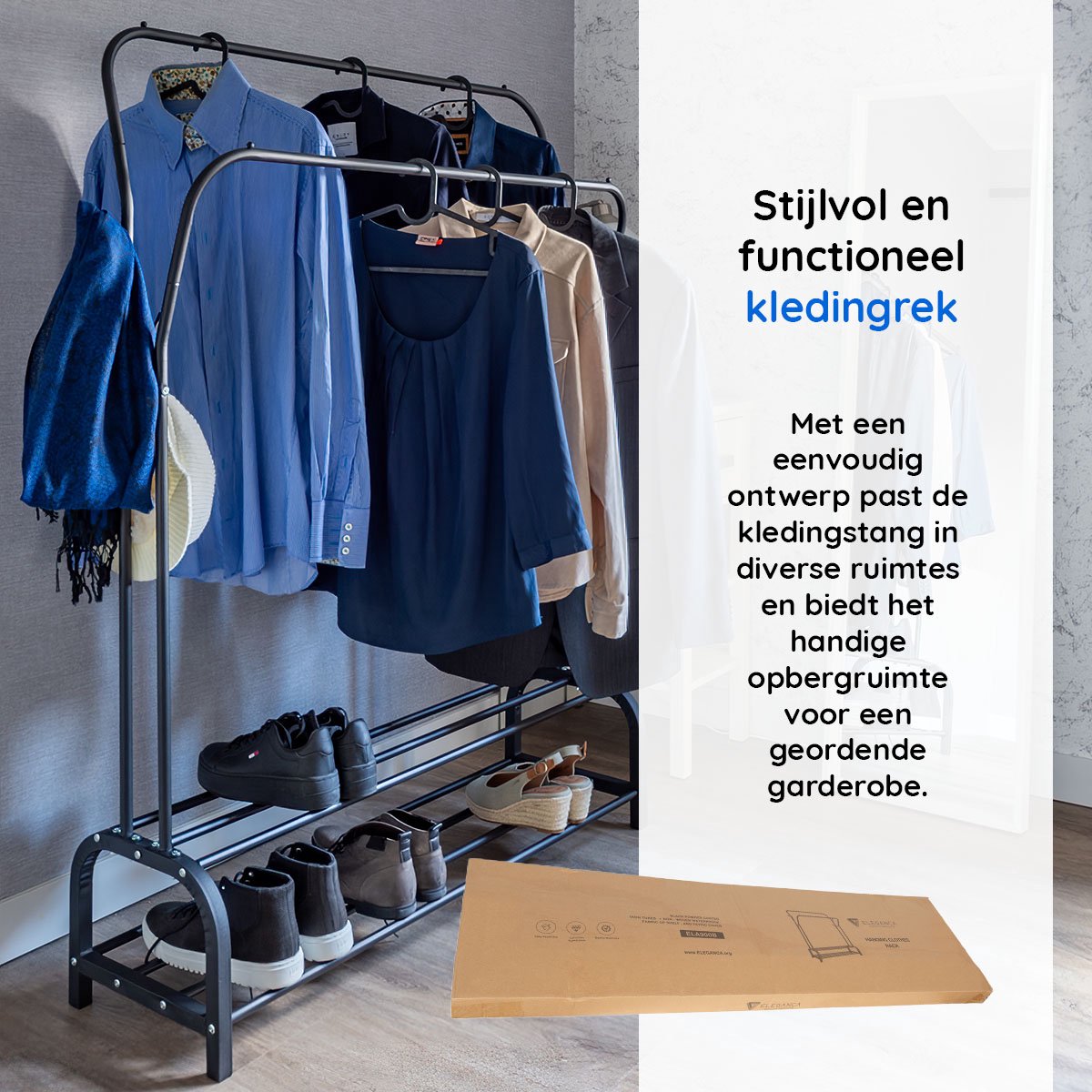 Eleganca Kledingrek - 2 stangen en schoenenplanken - Zwart - Staal