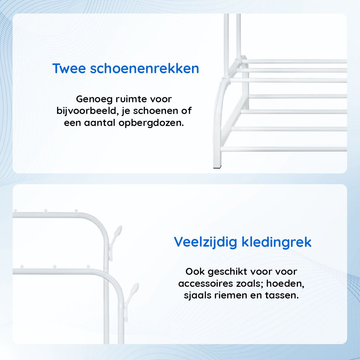 Eleganca Kledingrek met stangen en haken - Wit - Staal - 2 Schoenenplanken