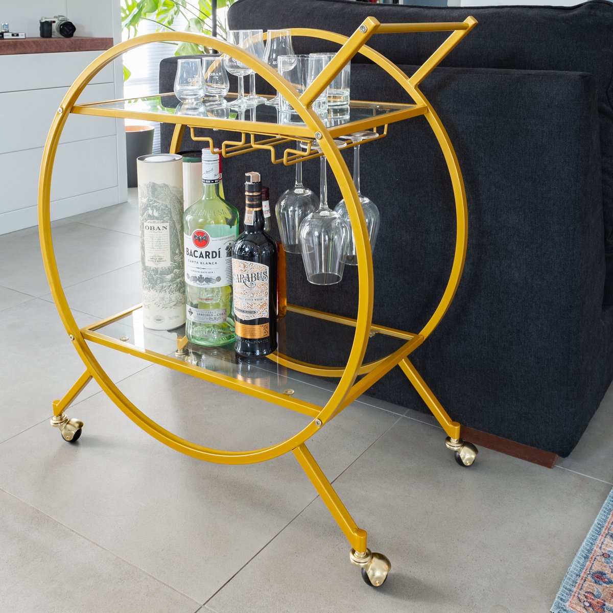 Eleganca Bar trolley met transparante glazen bladen 2-laags serveerwagen Goud