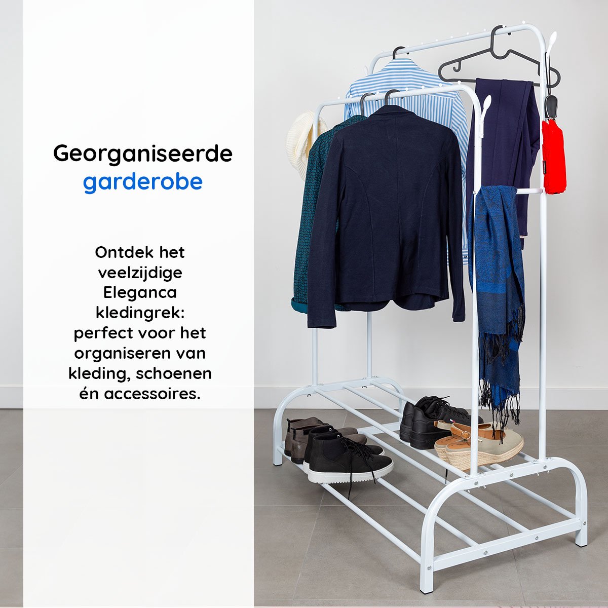 Eleganca Kledingrek met stangen en haken - Wit - Staal - 2 Schoenenplanken