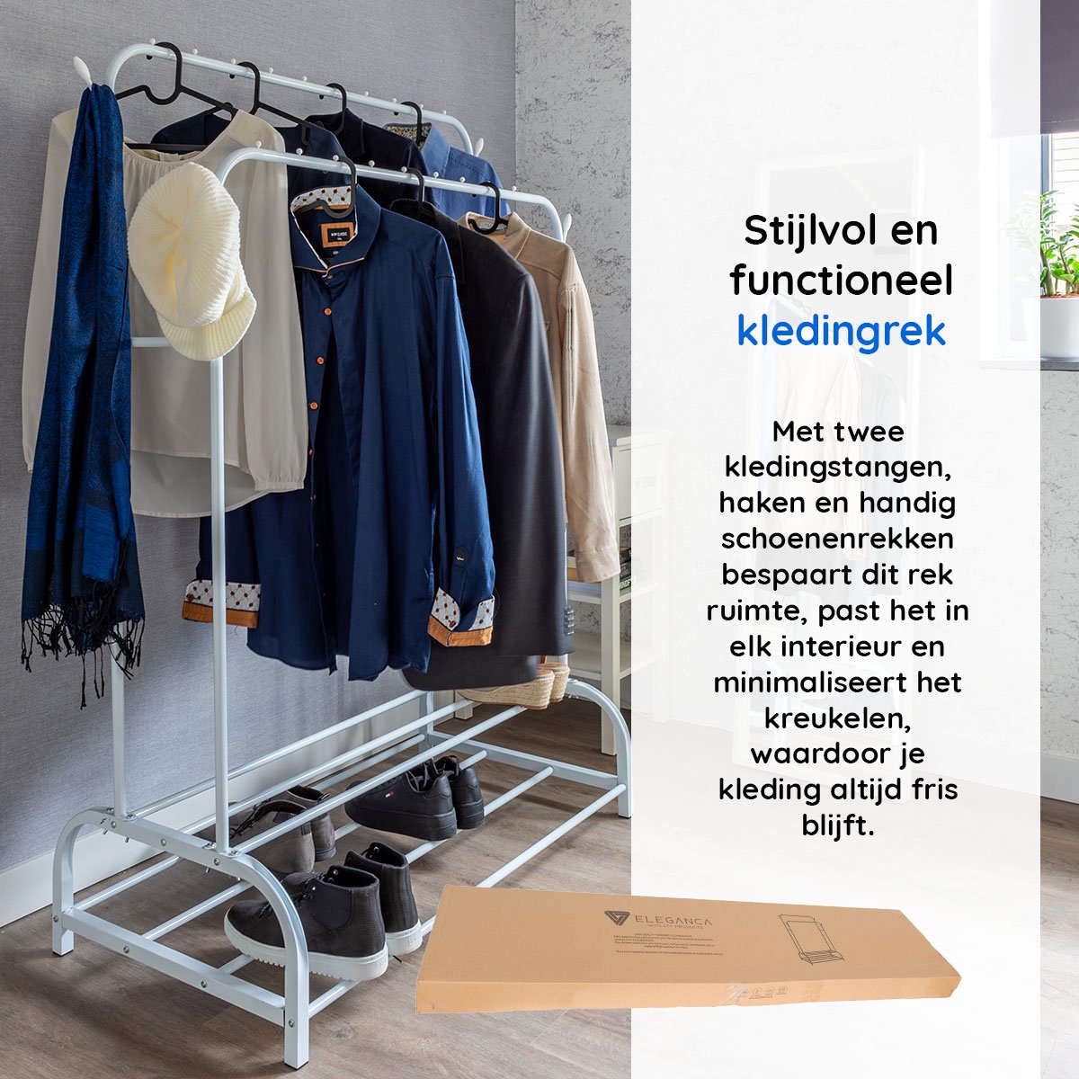 Eleganca Kledingrek met stangen en haken - Wit - Staal - 2 Schoenenplanken
