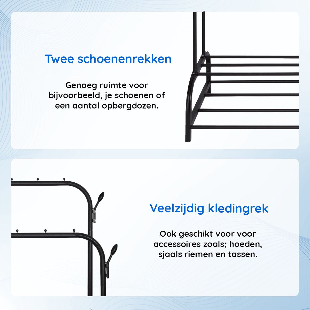 Eleganca Kledingrek met stangen en haken - Zwart - Staal - 2 Schoenenplanken