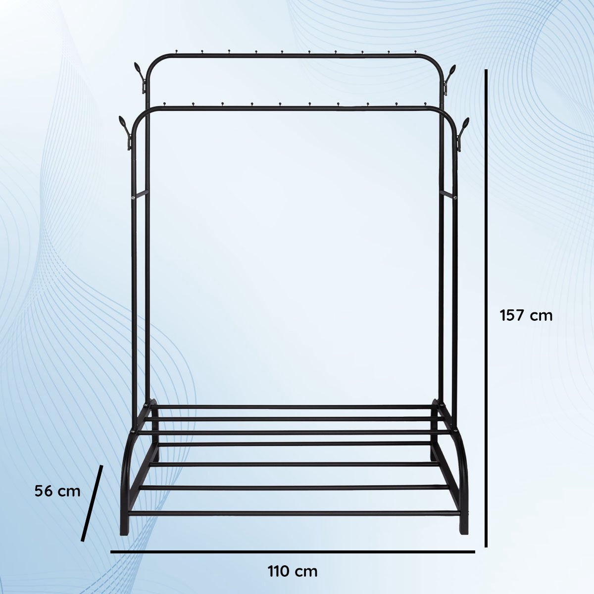 Eleganca Kledingrek met stangen en haken - Zwart - Staal - 2 Schoenenplanken