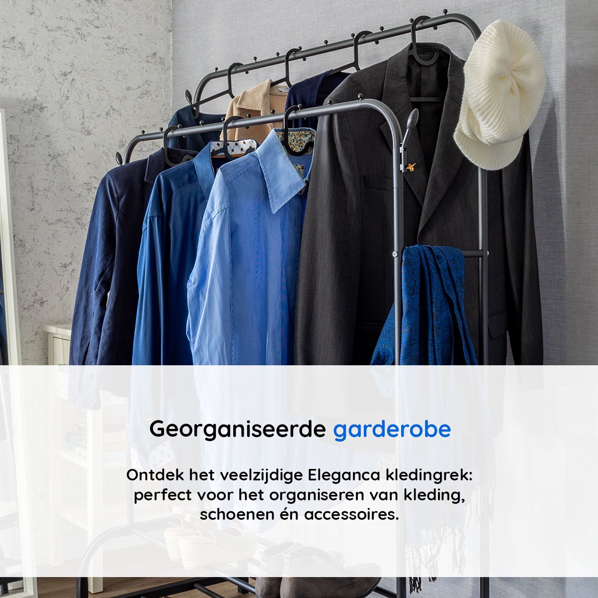 Eleganca Kledingrek met stangen en haken - Zwart - Staal - 2 Schoenenplanken
