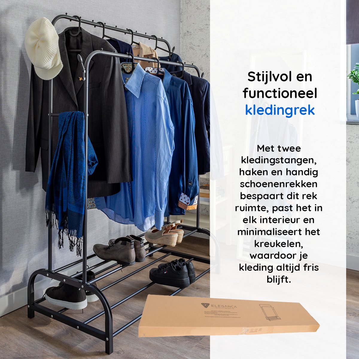 Eleganca Kledingrek met stangen en haken - Zwart - Staal - 2 Schoenenplanken