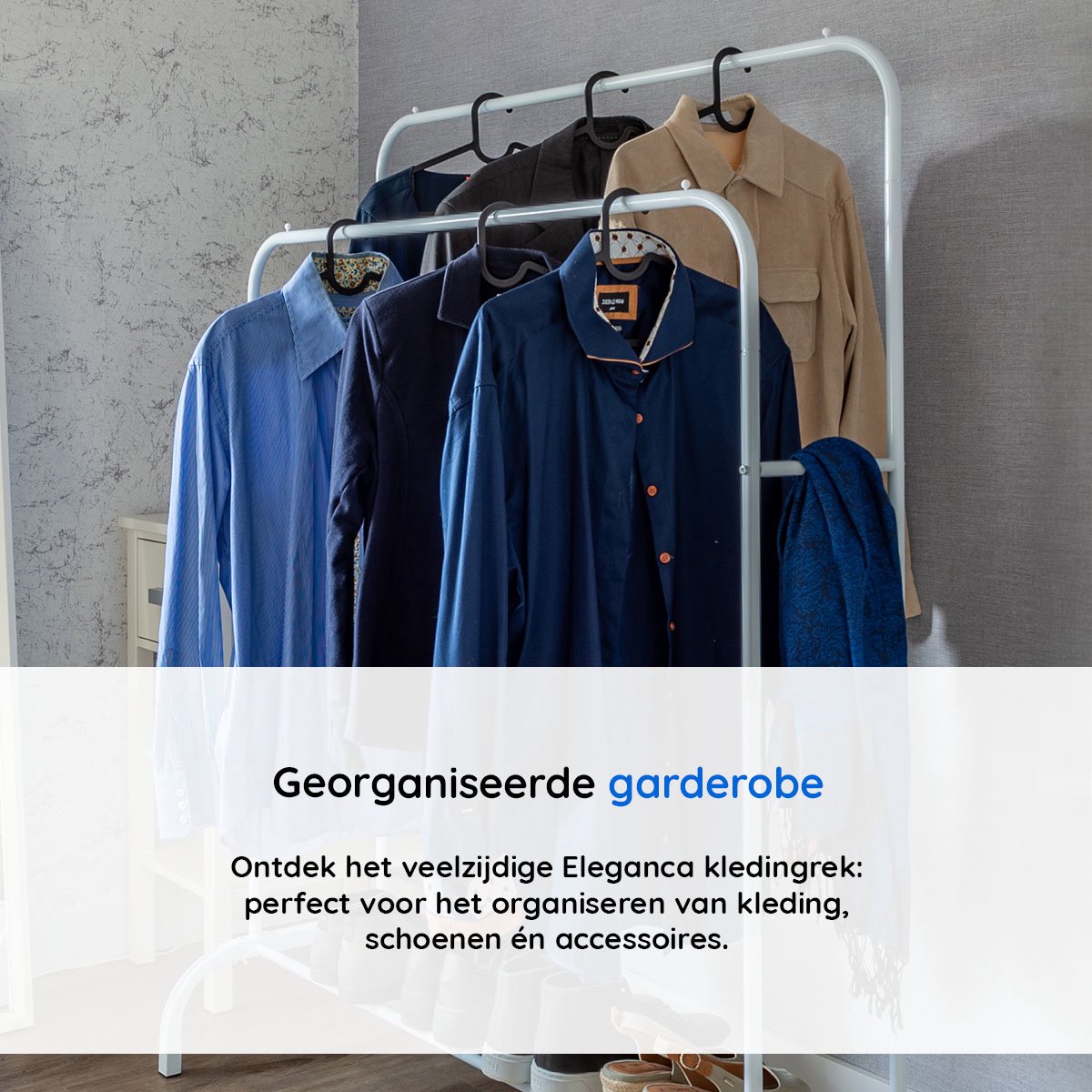 ELEGANCA Kledingrek - Wit- Metaal - Kledingrek met 2 stangen - Schoenenplank