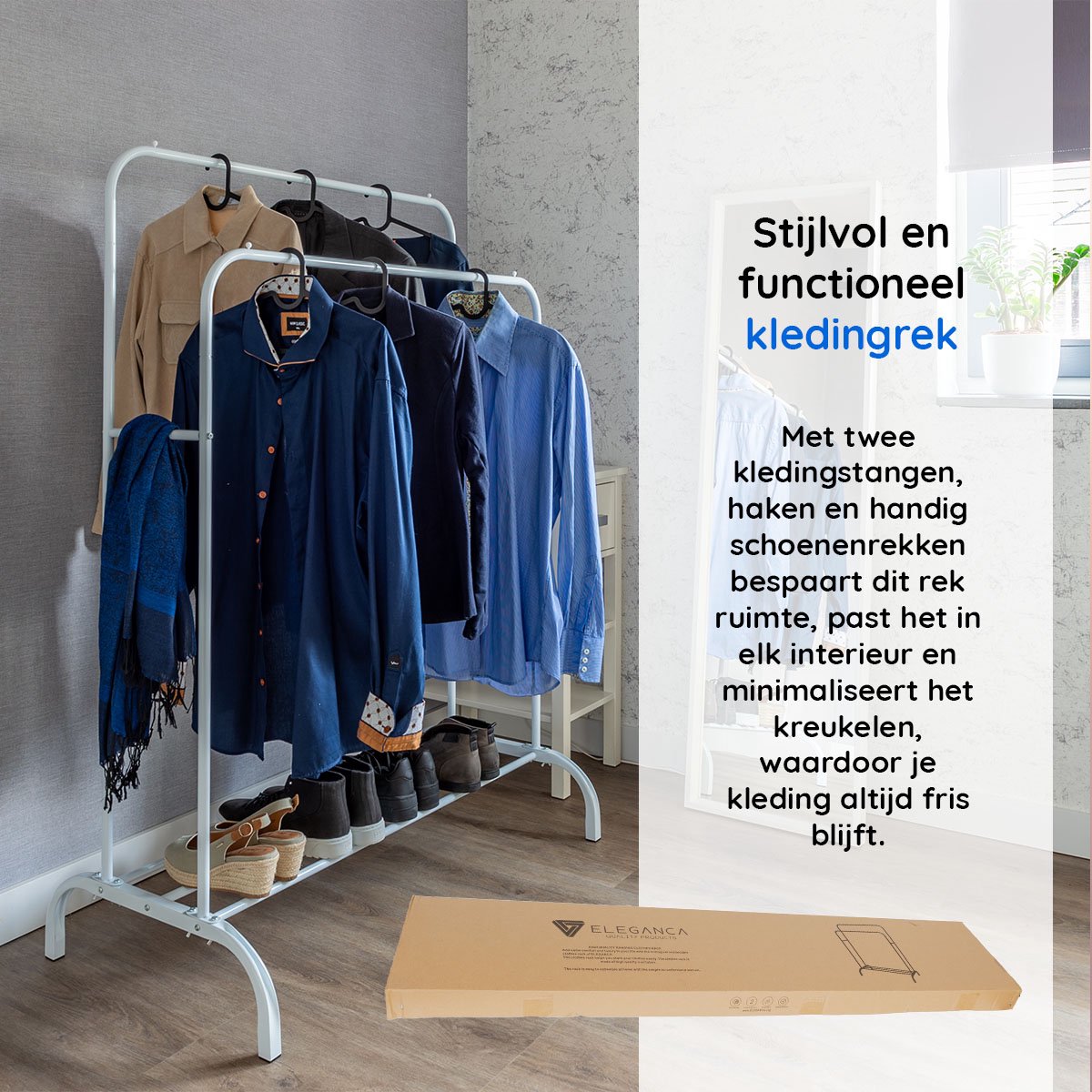 ELEGANCA Kledingrek - Wit- Metaal - Kledingrek met 2 stangen - Schoenenplank