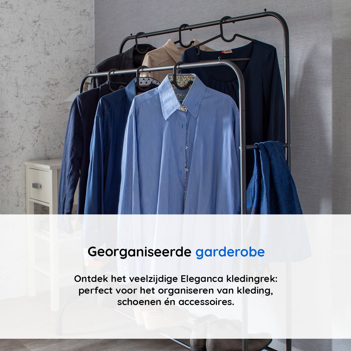 ELEGANCA Kledingrek - Zwart - Metaal - Kledingrek met 2 stangen - Schoenenplank