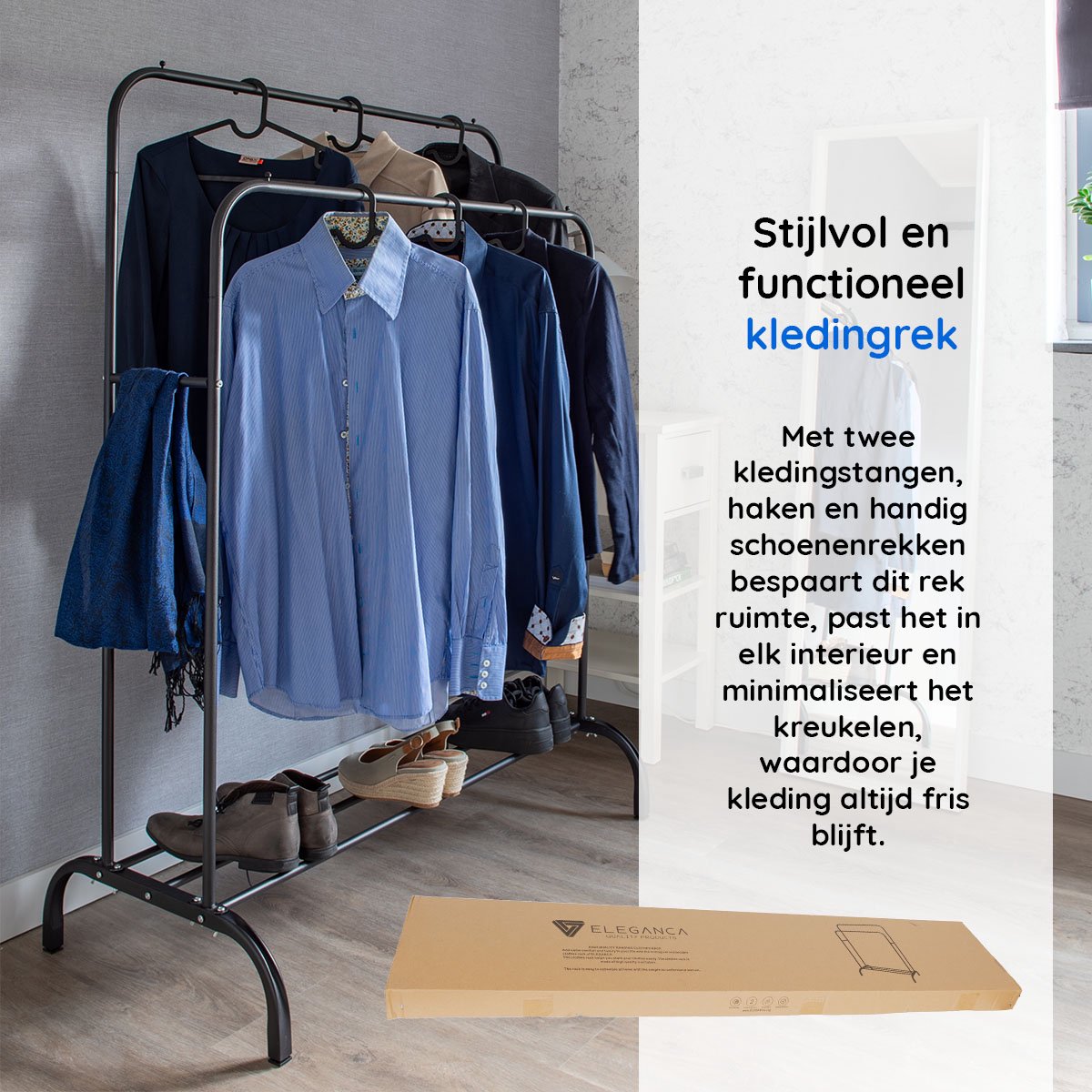 ELEGANCA Kledingrek - Zwart - Metaal - Kledingrek met 2 stangen - Schoenenplank