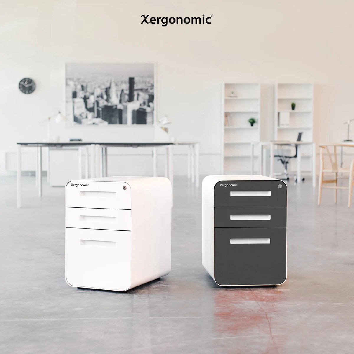 Xergonomic Gemini Commode Caisson à tiroirs Blanc avec gris