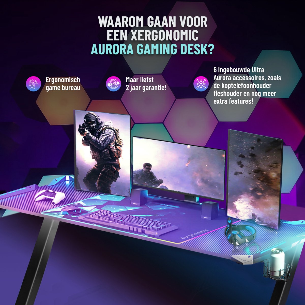 Tweedekans Xergonomic Aurora Gaming Desk - Carbonfiber look - Computer Tafel - LED-Verlichting - Incl. beker-, koptelefoonhouder en kabelorganizer - 62 x 160 x 75 cm - Zwart