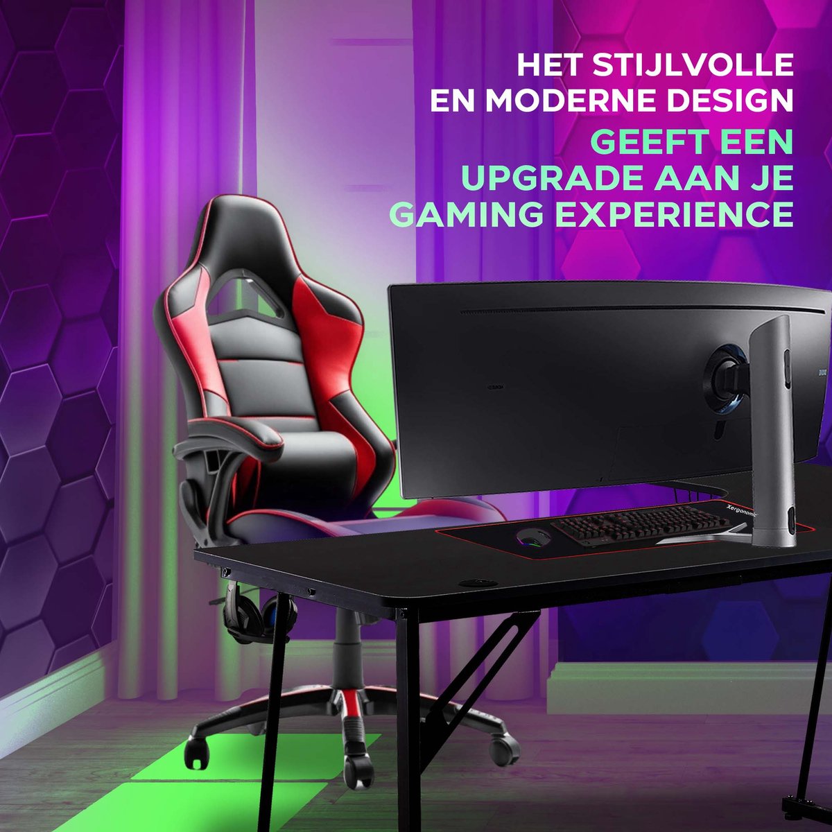 Xergonomic Neon Cyrex Game bureau - Gaming desk - Game tafel - Hoekbureau - D60-100xB40-160xH75 cm - Zwart
