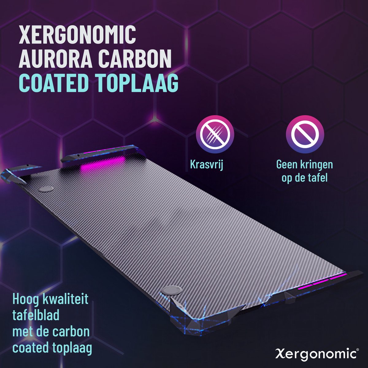 Tweedekans Xergonomic Aurora Gaming Desk - Carbonfiber look - Computer Tafel - LED-Verlichting - Incl. beker-, koptelefoonhouder en kabelorganizer - 62 x 160 x 75 cm - Zwart