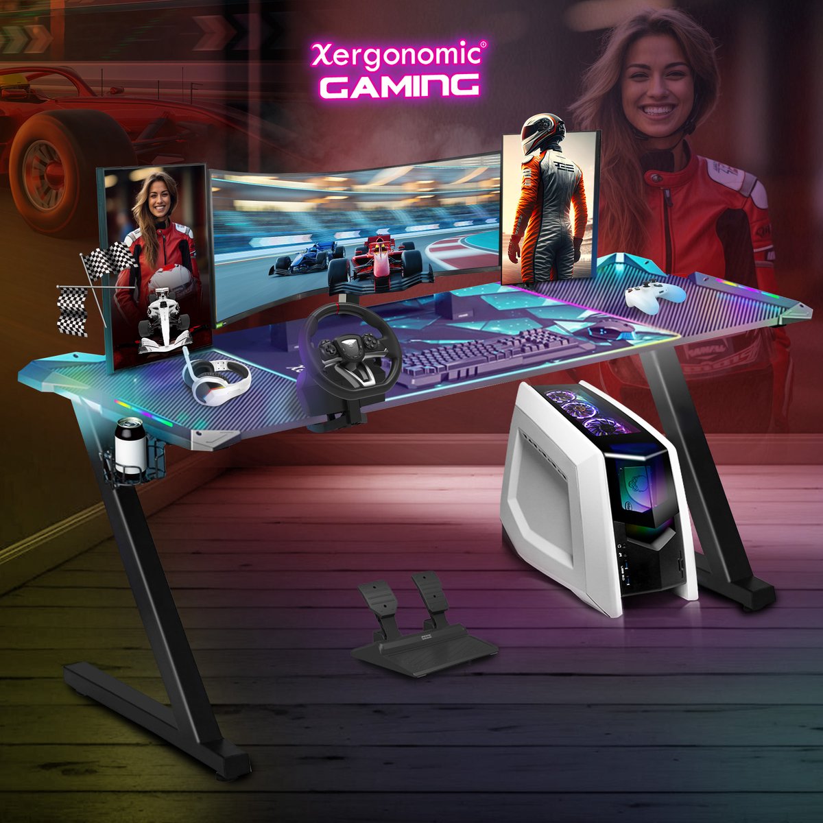 Tweedekans Xergonomic Aurora Gaming Desk - Carbonfiber look - Computer Tafel - LED-Verlichting - Incl. beker-, koptelefoonhouder en kabelorganizer - 62 x 160 x 75 cm - Zwart