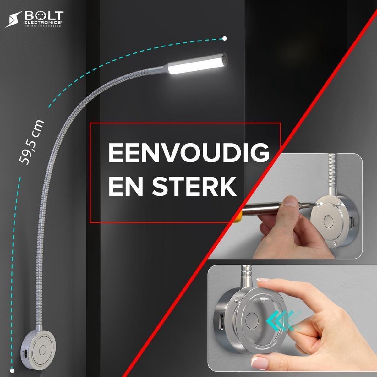 Bolt Electronics® Dimbaar LED leeslamp met twee USB poorten 1 stuk Zilver