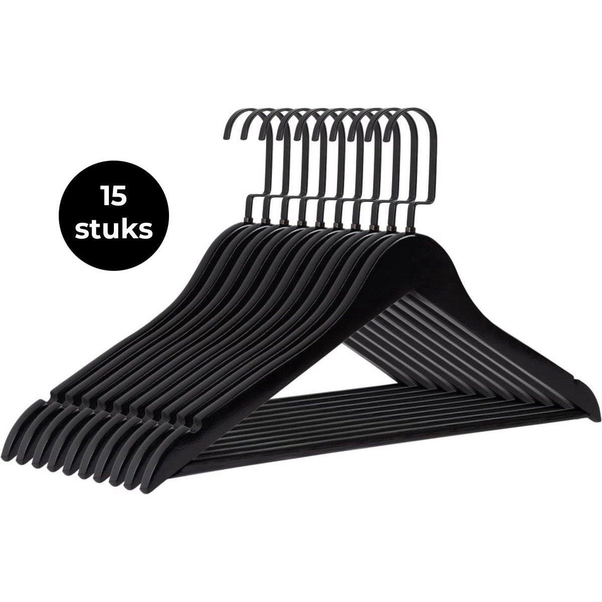 Eleganca Luxe kledinghanger met platte zwarte haak 15 stuks Zwart