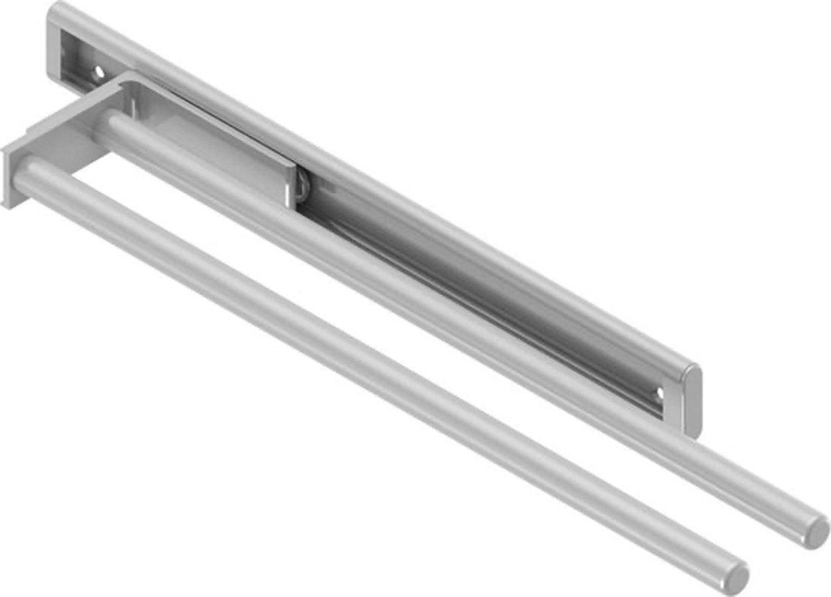 Eleganca Uittrekbaar Handdoekrek 32cm Inbouwafmeting 9,4 x 33,2 x 3,8cm – Handdoekhouder uitschuifbaar tot 16,7cm – Handdoekstang keuken of badkamer – Horizontaal en verticaal te gebruiken – 2 armen – Aluminium – Zilver