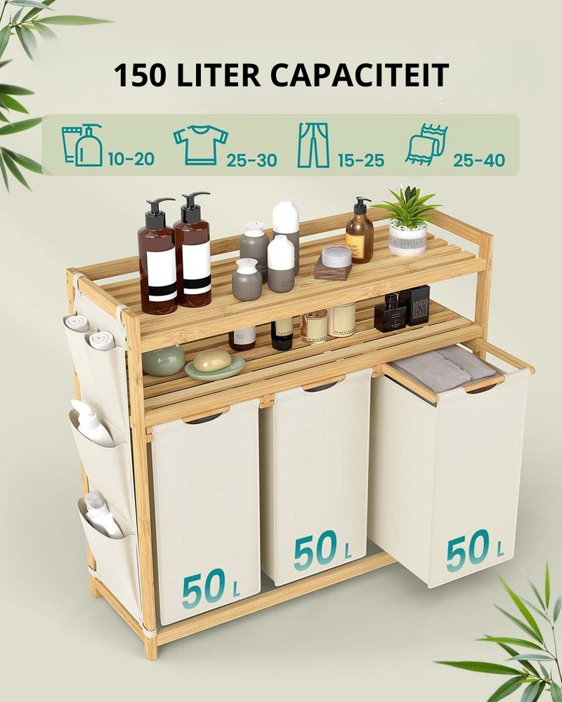 Nancy's Odolo Wasmand - Wassorteerder - Wasbox - 3 Vakken - Crèmewit - Bamboe - 150 Liter