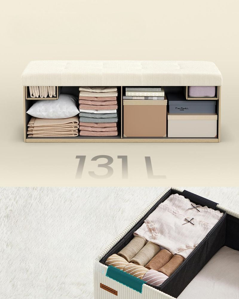 Nancy's Mercatale Opbergbank - Bankje met opbergruimte - Crèmewit - Corduroy - ± 110 x 40 x 40 cm