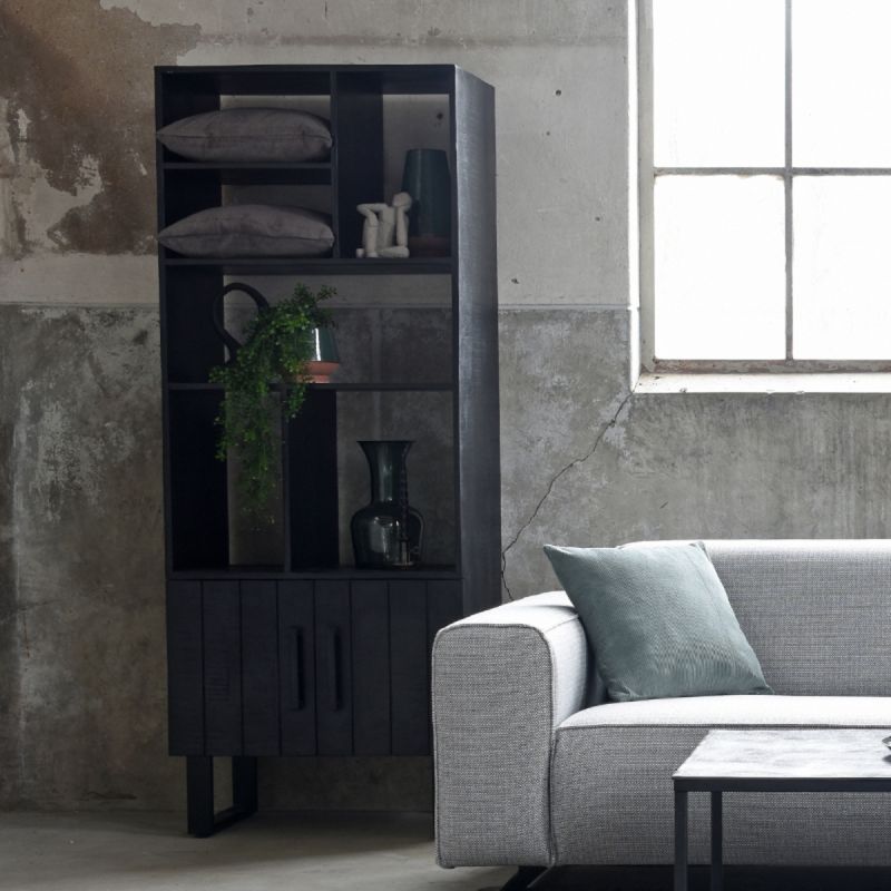 LABEL51 Santos Bookcase - Black Mango Wood-Metal - Handmade - Two doors - Dividers - Vertically Milled Grooves