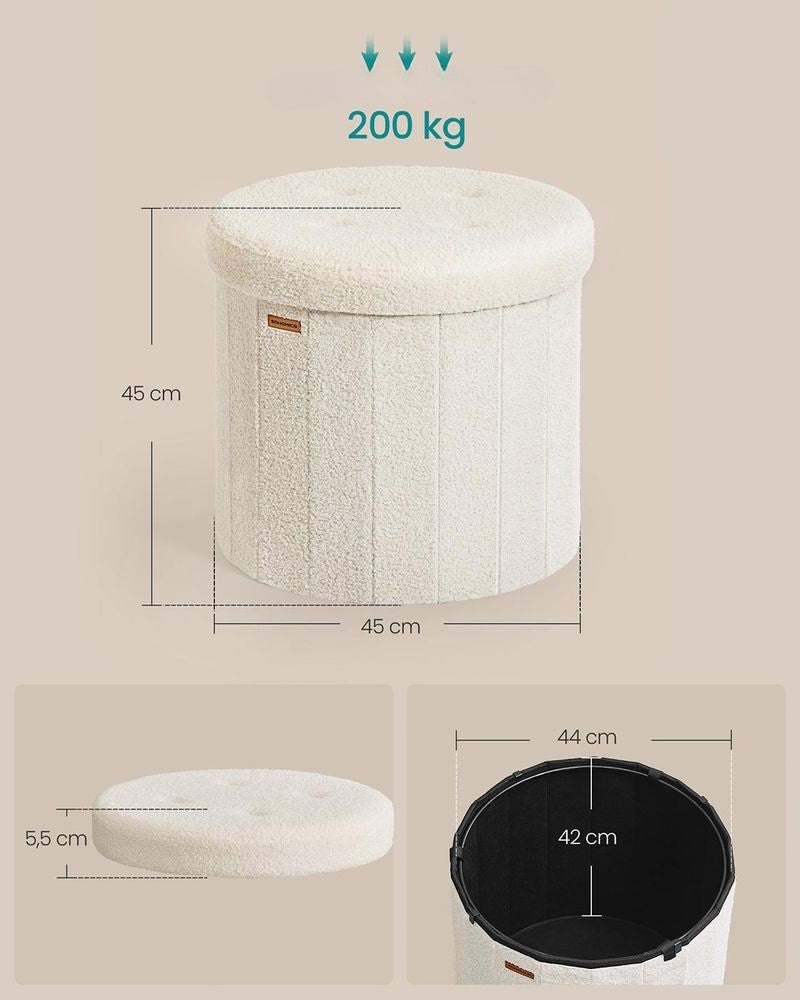 Nancy's Merano Opbergbank - Poef met opbergruimte - Krukje - Hocker - Crèmewit - Fleece - Ø 46 x 45 cm